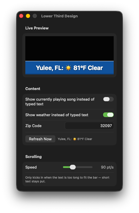 CamDeck lower third design panel with weather mode enabled, showing a live preview and zip code field